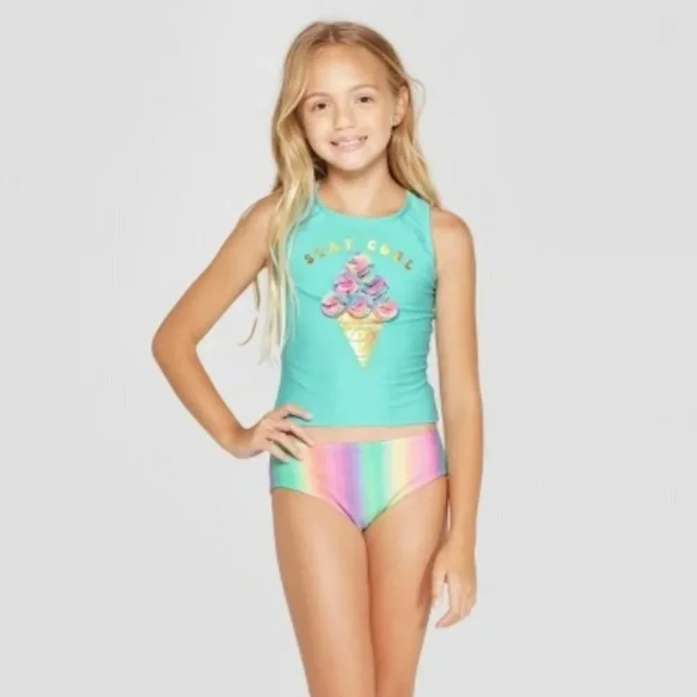 Girls Swim Suit, 2-piece Icy Cone Aqua Tankini Set, L Plus